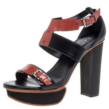 Pre Owned Tod's Black And Brown Leather Ankle Strap Platform Sandals Size 36.5