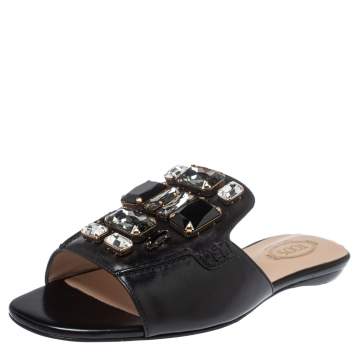 Pre Owned Tod's Black Leather Jewel Embellished Limited Edition Flat Slide Sandals Size 37