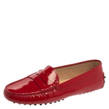 Pre Owned Tod's Red Patent Leather Gommino Penny Loafers Size 37.5