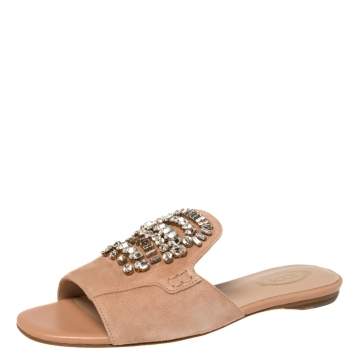 Pre Owned Tod's Beige Suede Crystal Embellished Flat Slides Size 37