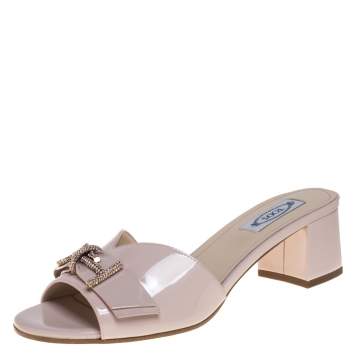 Pre Owned Tod's Blush Pink Patent Leather Double T Embellished Slide Sandals Size 39