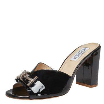 Pre Owned Tod's Black Patent Leather Double T Embellished Slide Sandals Size 37