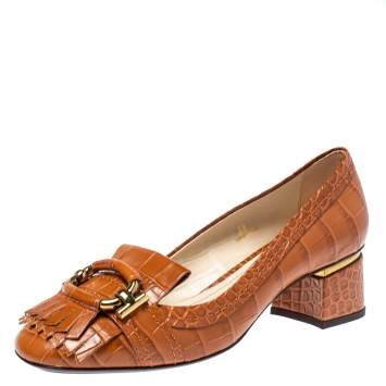 Pre Owned Tod's Brown Croc Embossed Leather Fringed Buckle Loafer Pumps Size 38