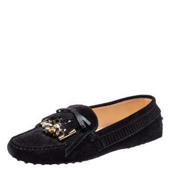 Pre Owned Tod's Black Suede Bow Fringe Embellished Slip On Loafers Size 37