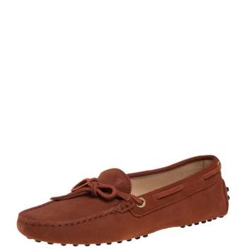 Pre Owned Tod's Tan Suede Bow Slip On Loafers Size 35.5