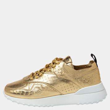 مملوكة مسبقًا Tod's Metallic Gold Perforated Leather Sneakers Size 38.5