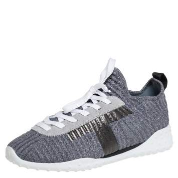 Pre Owned Tod's Metallic Grey/Black Knit Fabric And Leather Sneakers Size 40