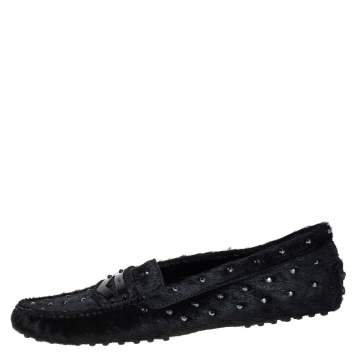 Pre Owned Tod's Limited Edition Black Pony Hair Crystal Embellished Penny Loafers Size 40