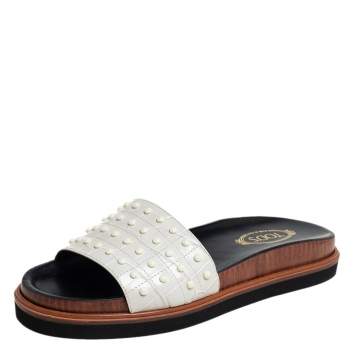 Pre Owned Tod's Grey Croc Embossed Leather Slide Sandals Size 37