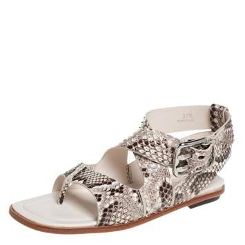 Pre Owned Tod's Brown/Cream Python Leather Ankle Strap Flat Sandals Size 37.5