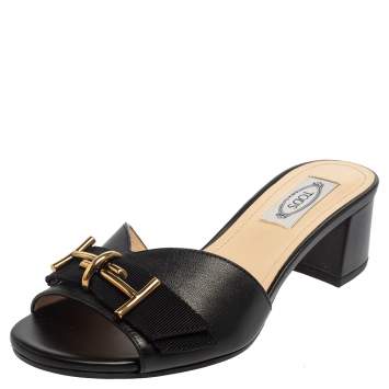 Pre Owned Tod's Black Leather Double T Slide Sandals Size 36