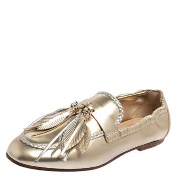 Pre Owned Tod's Metallic Gold/Silver Leather Fringe Slip On Loafers Size 36.5