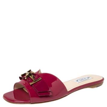 Pre Owned Tod's Magenta Patent Leather T Ribbon Flat Sandals Size 37