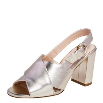 Pre Owned Tod's Metallic Gold Leather Crisscross Block Heel Slingback Sandals Size 36