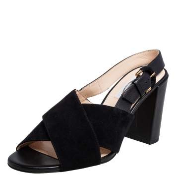 Pre Owned Tod's Black Suede Crisscross Block Heel Slingback Sandals Size 37.5