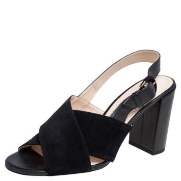 Pre Owned Tod's Black Leather and Suede Crisscross Block Heel Slingback Sandals Size 37