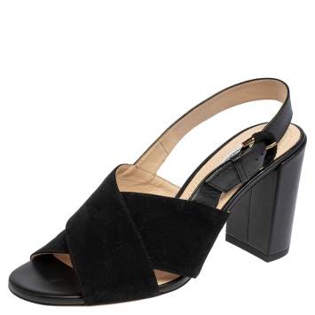 Pre Owned Tod's Black Leather and Suede Crisscross Block Heel Slingback Sandals Size 37