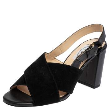 Pre Owned Tod's Black Suede and Leather Crisscross Block Heel Slingback Sandals Size 37.5