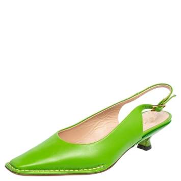 Pre Owned Tod's Green Leather Square Toe Slingback Kitten Mules Size 39