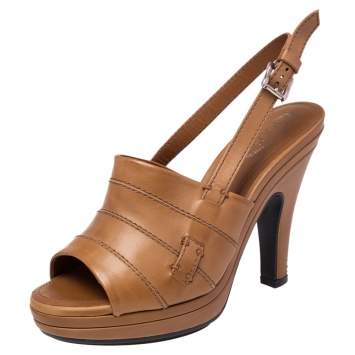 Pre Owned Tod's Tan Leather Open Toe Platform Slingback Sandals Size 36.5