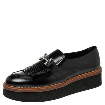Pre Owned Tod's Black Glazed Leather Kiltie Platform Loafers Size 40