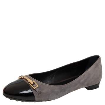 Pre Owned Tod's Grey/Black Suede And Patent Leather Cap Toe Buckle Ballet Flats Size 38