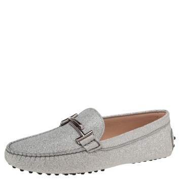 Pre Owned Tod's Metallic Sliver Glitter Double T Slip On Loafers Size 39.5