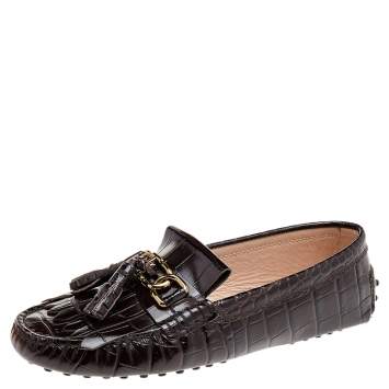 Pre Owned Tod's Brown Croc Embossed Leather Fringes Tassels Loafers Size 38.5