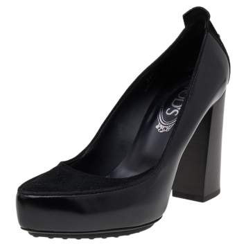 Pre Owned Tod's Black Leather And Suede Block Heel Pumps Size 36.5