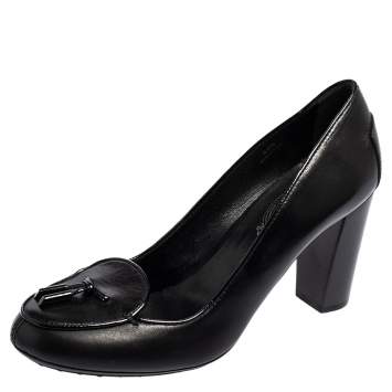 Pre Owned Tod's Black Leather Block Heel Loafer Pumps Size 40.5