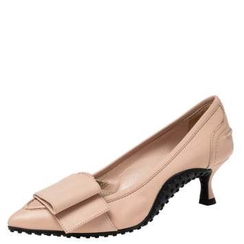 Pre Owned Tod's Beige Leather  Bow Pointed Toe Pumps  Size 34