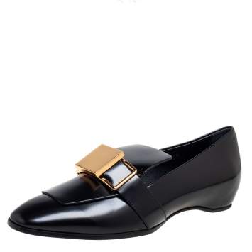 Pre Owned Tod's Black Patent Leather Metal Buckle Strap Loafers Size 37.5