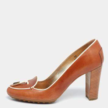 Pre Owned Tod's Brown Leather Block Heel Loafer Pumps Size 39