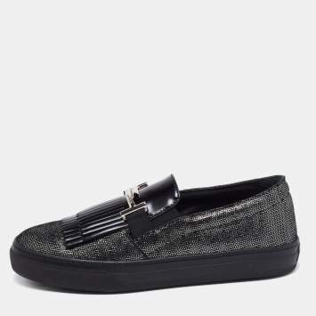 Pre Owned Tod's Black/Silver Laminated Suede Double T Fringe Slip-On Sneakers Size 40.5