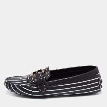 Pre Owned Tod's Black/White Stripe Printed Leather Studded Buckle Loafers Size 39