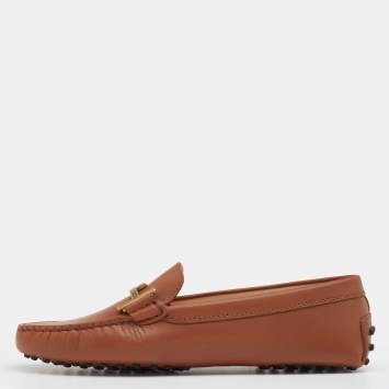 Pre Owned Tod's Brown Leather Double T Slip On Loafers Size 38.5