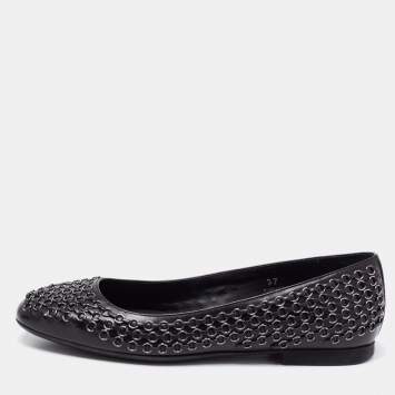 Pre Owned Tod's Black Leather Stitch Detail And Embellished Ballet Flats Size 37