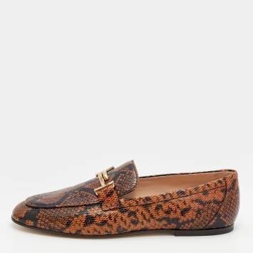 Pre Owned Tod's Brown/Black Python Embossed Leather Double T Slip On Loafers Size 40