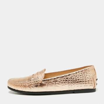 Pre Owned Tod's Metallic Gold Croc Embossed Leather Gommino Penny Loafers Size 39.5