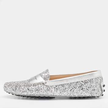 Pre Owned Tod's Silver Glitter And Leather Penny Slip On Loafers Size 37