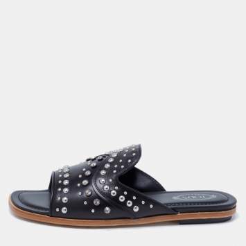 Pre Owned Tod's Black Leather Studded Embellished Slide Flat Sandals Size 37.5