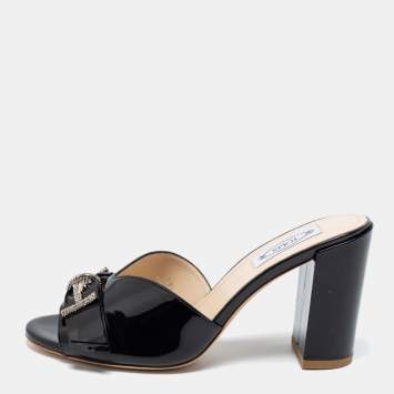 Pre Owned Tod's Black Patent Leather Double T Embellished Slide Sandals Size 38.5