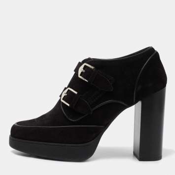 Pre Owned Tod's Black Suede Leather Buckle Detail Block Heel Booties Size 40