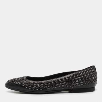 Pre Owned Tod's Black Leather Chain Link Ballet Flats Size 37.5