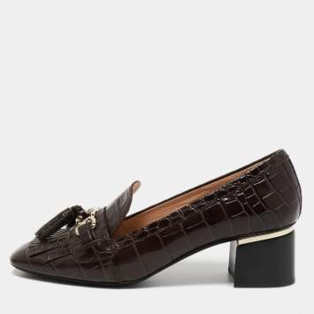 Pre Owned Tod's Brown Croc Embossed Leather Block Heel Loafer Pumps Size 40