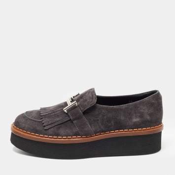 Pre Owned Tod's Grey Suede Fringes Double T  Platform Loafres Size 38