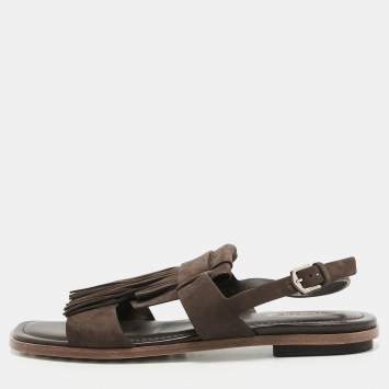 Pre Owned Tod's Brown Suede Fringe Flat Slingback Sandals Size 37.5
