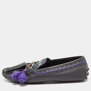 Pre Owned Tod's Dark Grey Leather Tassel Charm Cross Stitch Detail Loafers Size 37