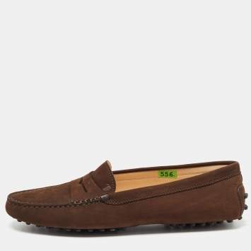 Pre Owned Tod's Brown Nubuck Leather Gommino Slip On Loafers Size 39.5