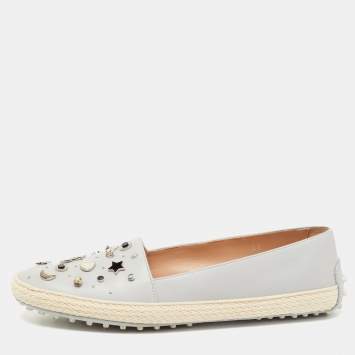 Pre Owned Tod's Grey Leather Studded Espadrille Ballet Flats Size 41